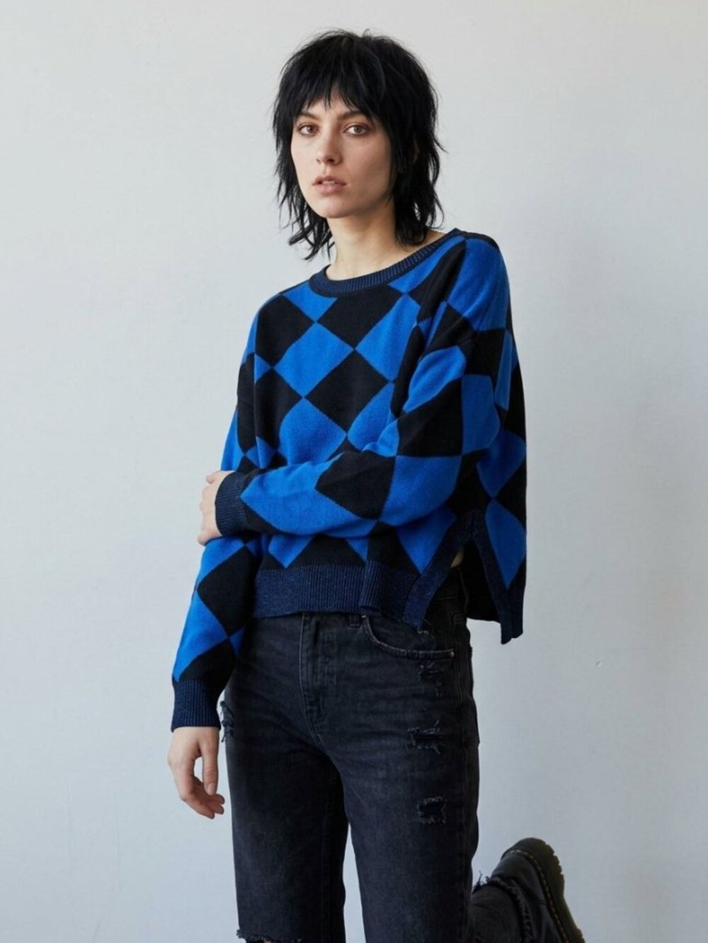 PLANET by Lauren G Harlequin Diamond Crop Sweater Royal Blue Black OS Cotton